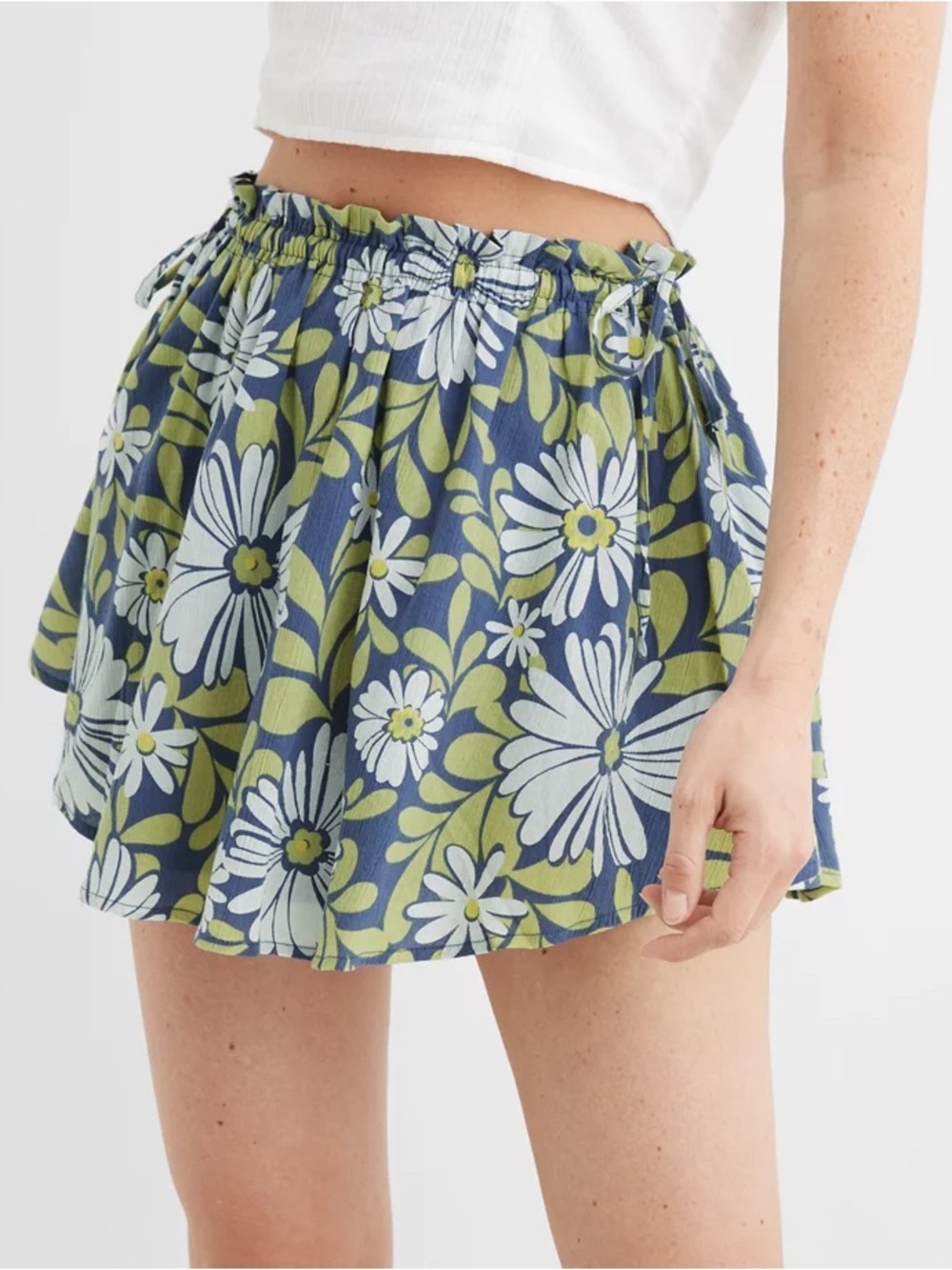 Aerie Side Tie Blue Green White Floral Daisy Mini Ruffle Skirt Size M